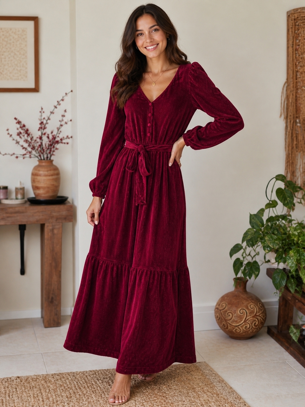Halara Burgundy Velvet Long Sleeve Maxi Dress With Tie Waist